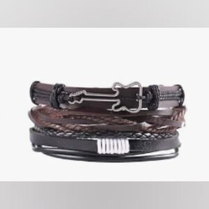 3pc Men's leather bracelets set layered guitar braided brown‎ new e34